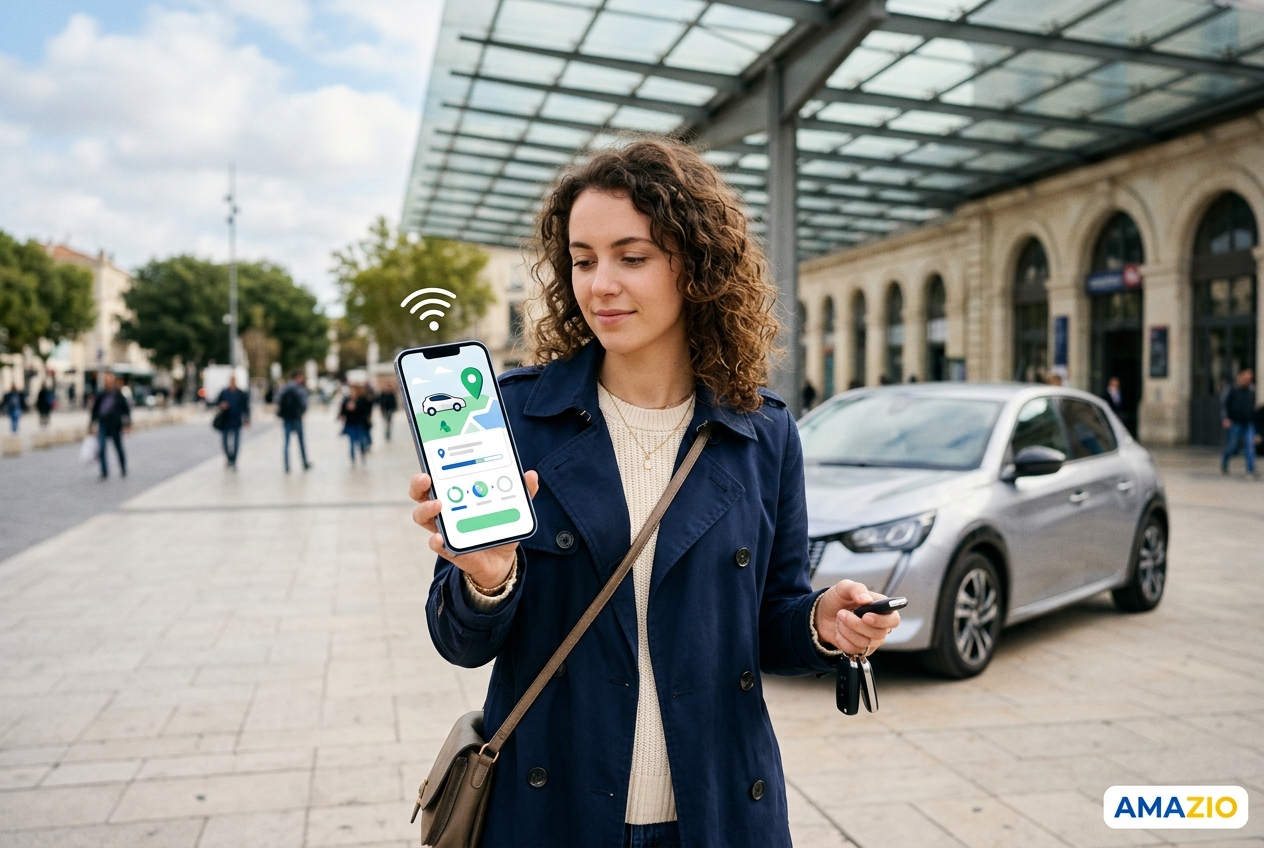 Amazio Montpellier voiture libre-service professionnelle avec smartphone et logo Amazio