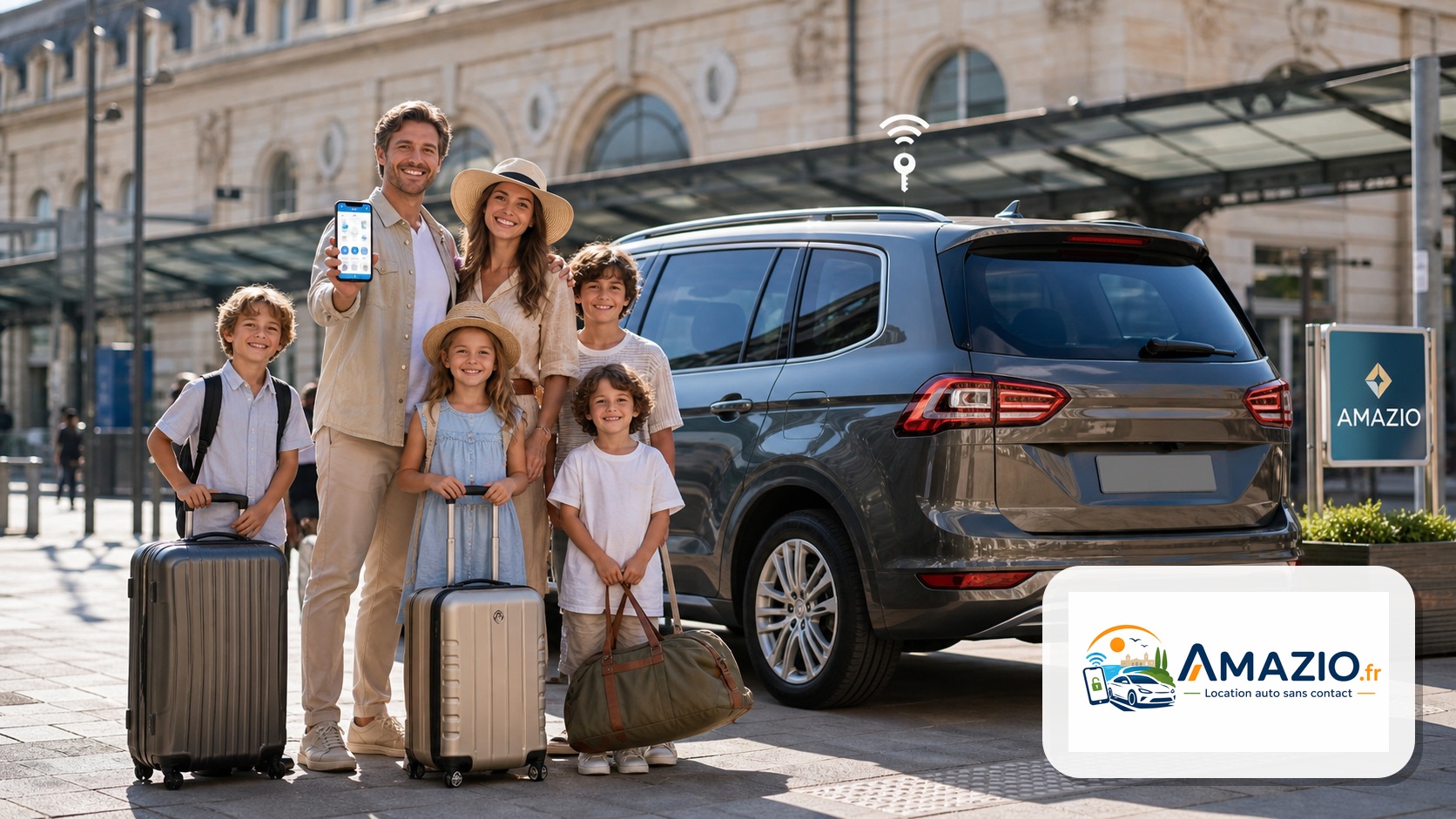 Famille nombreuse louant une voiture 7 places Amazio à Montpellier avec réservation mobile