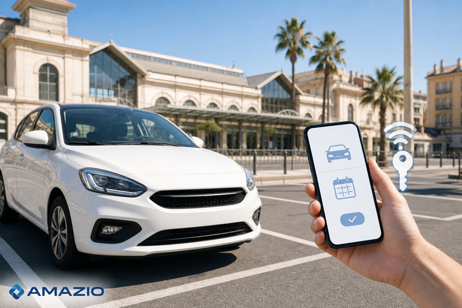 Amazio réservation voiture gare Montpellier smartphone wifi logo Amazio