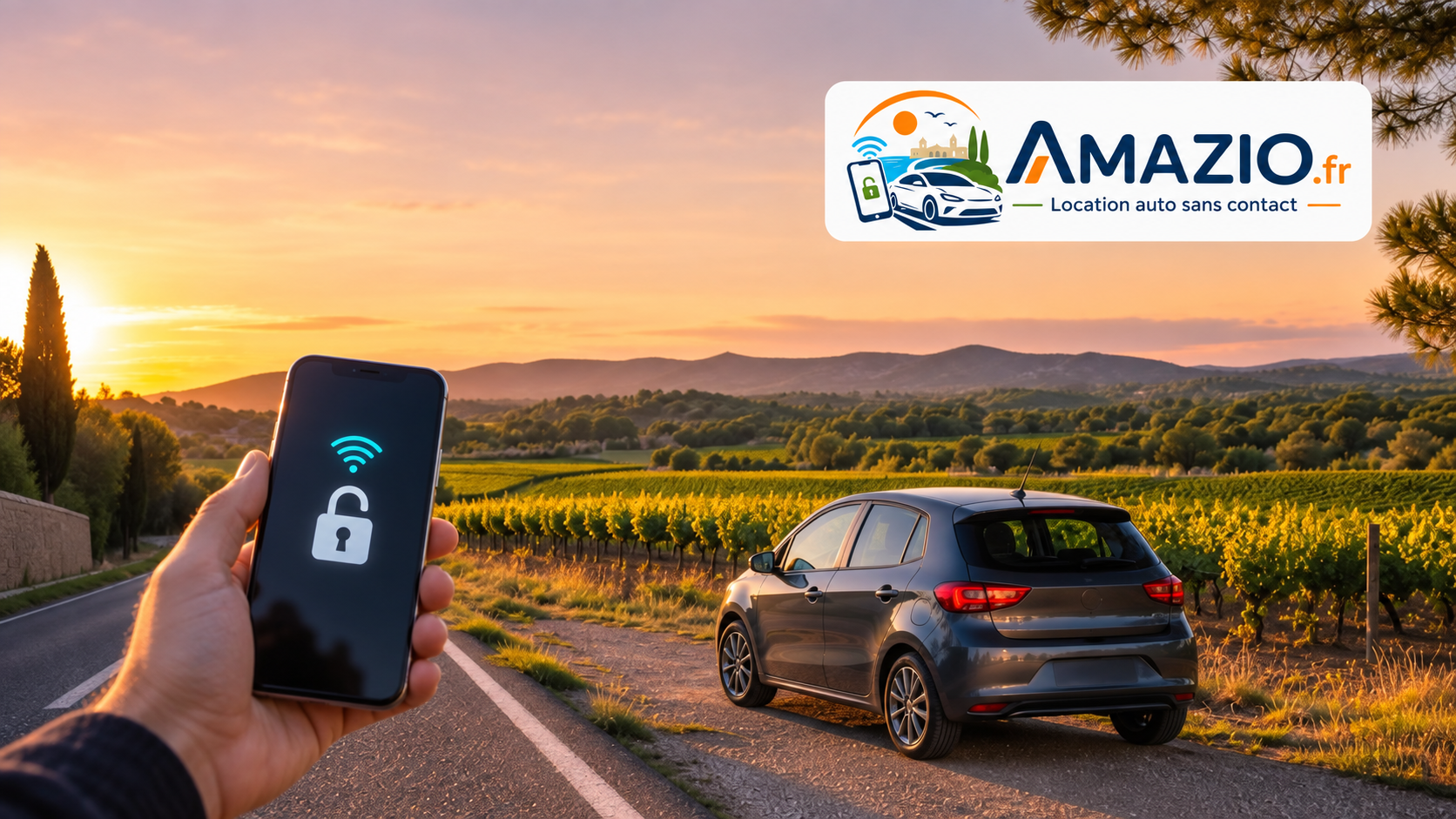 Voiture stationnée près des vignes, main tenant un smartphone, logo Amazio et symbole wifi.