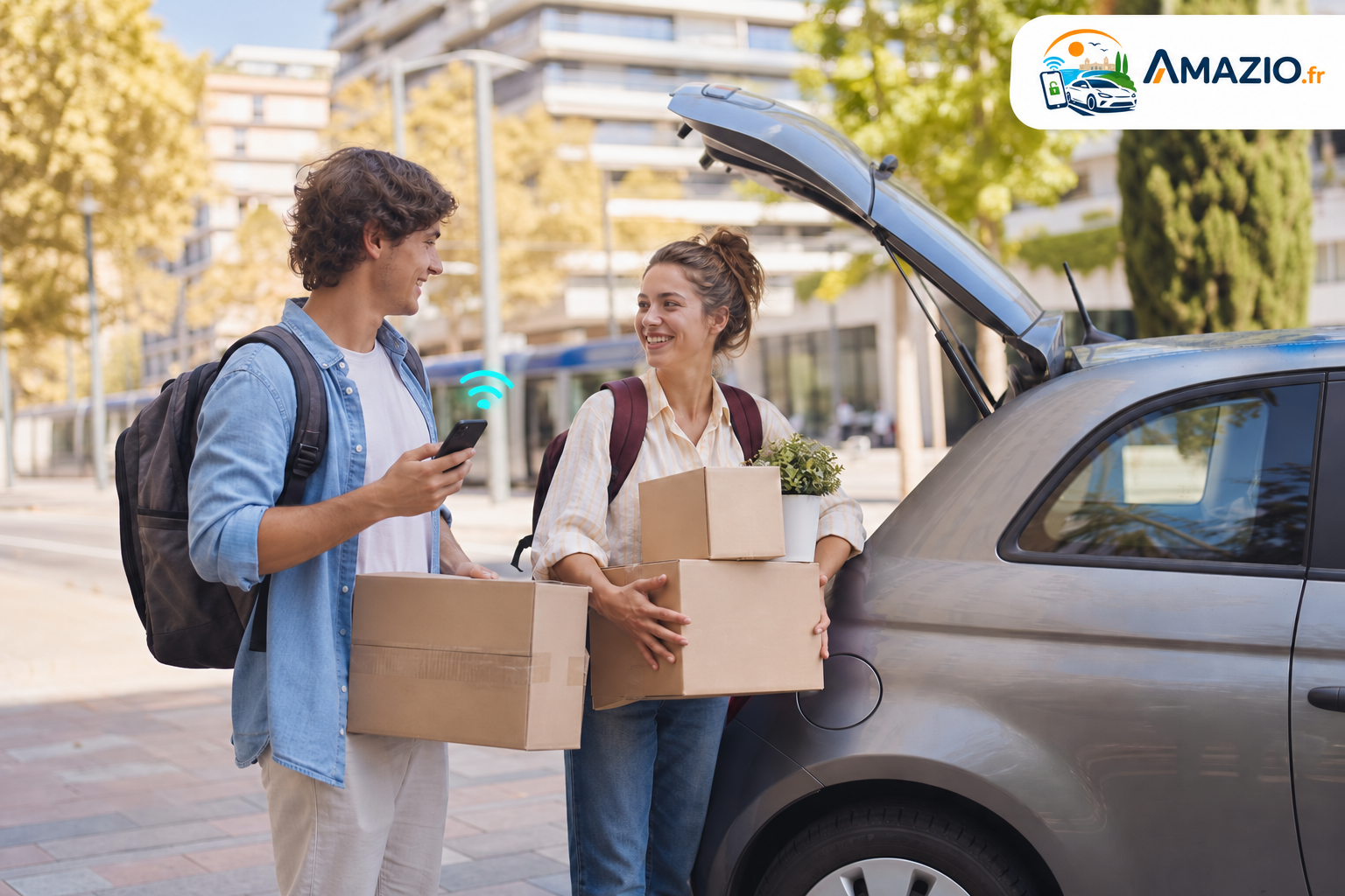 Deux personnes avec des cartons près d’une voiture, smartphone en main, logo Amazio et wifi.
