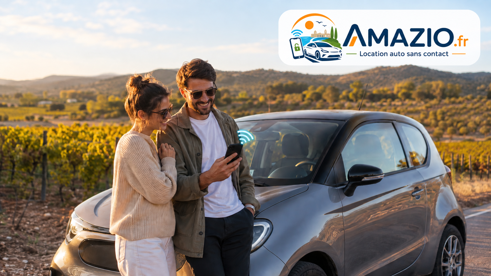 Couple avec smartphone près d’une citadine dans les vignes, logo Amazio et symbole wifi.