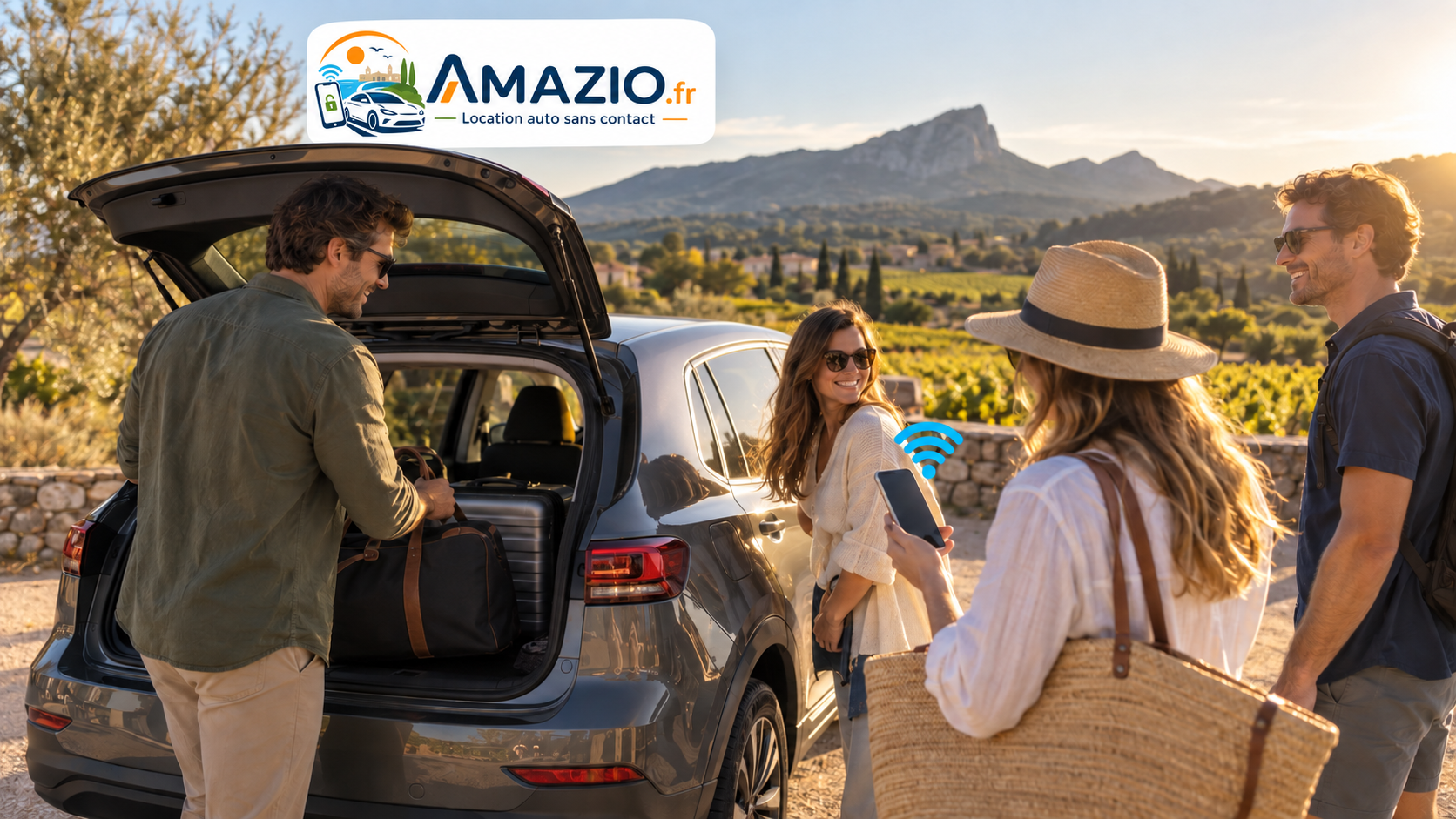 Logo officiel Amazio, main tenant un smartphone et symbole wifi pour préparer une location de voiture près de Montpellier