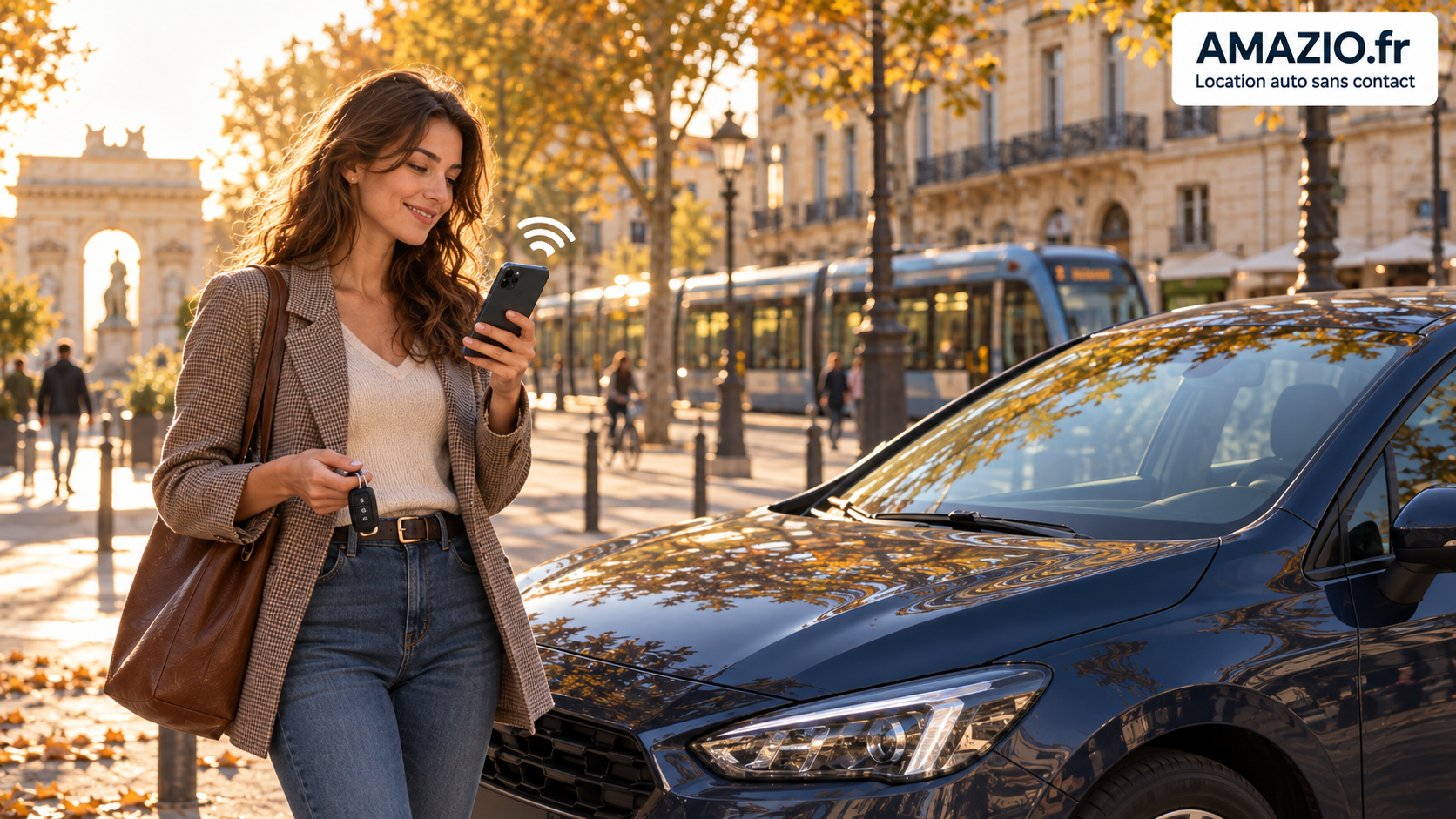 Femme avec smartphone et clé de voiture près d’une citadine à Montpellier en automne, logo Amazio et symbole wifi.