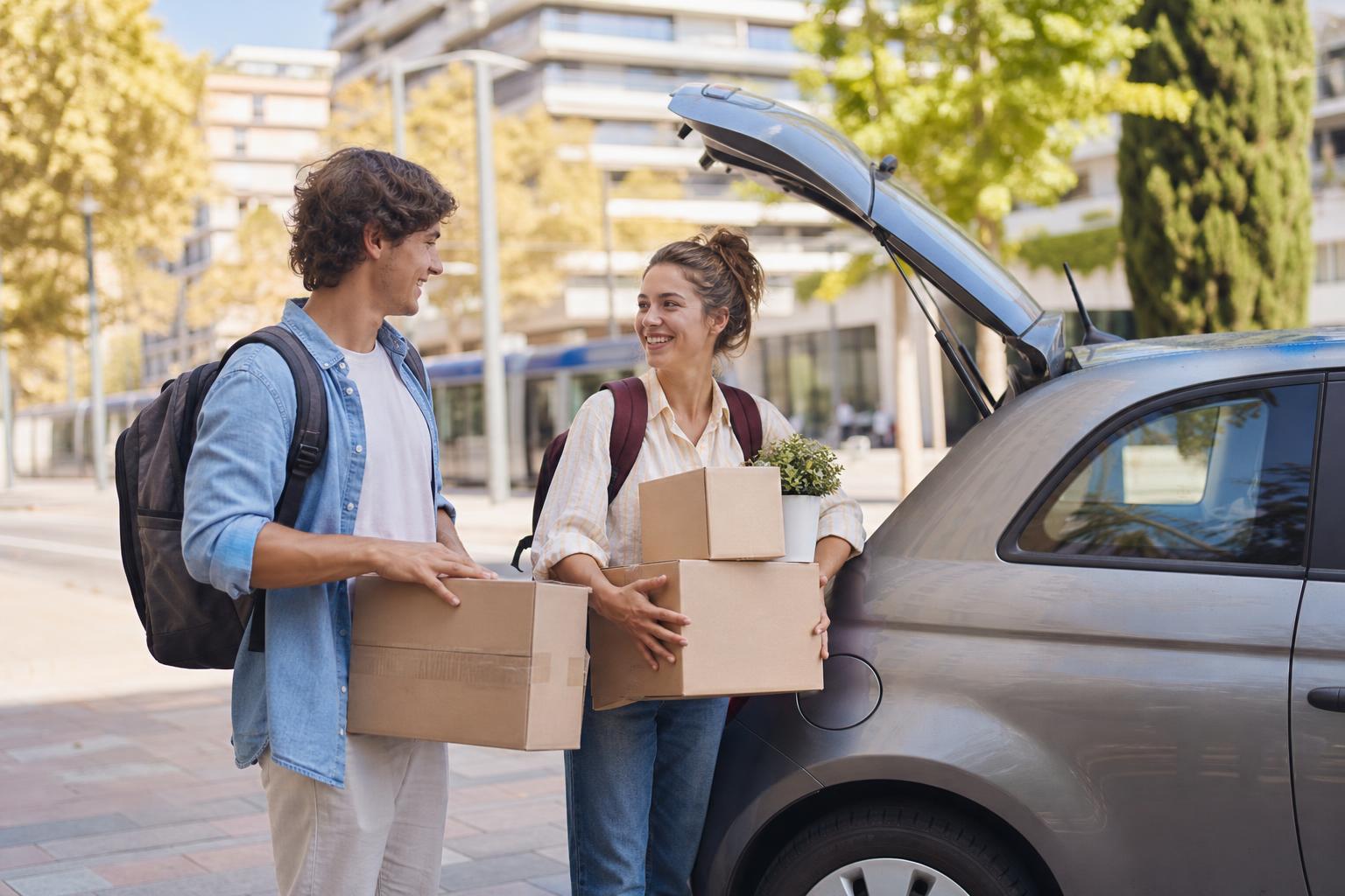 Étudiants avec cartons près d’une voiture citadine pour emménager à Montpellier avec Amazio