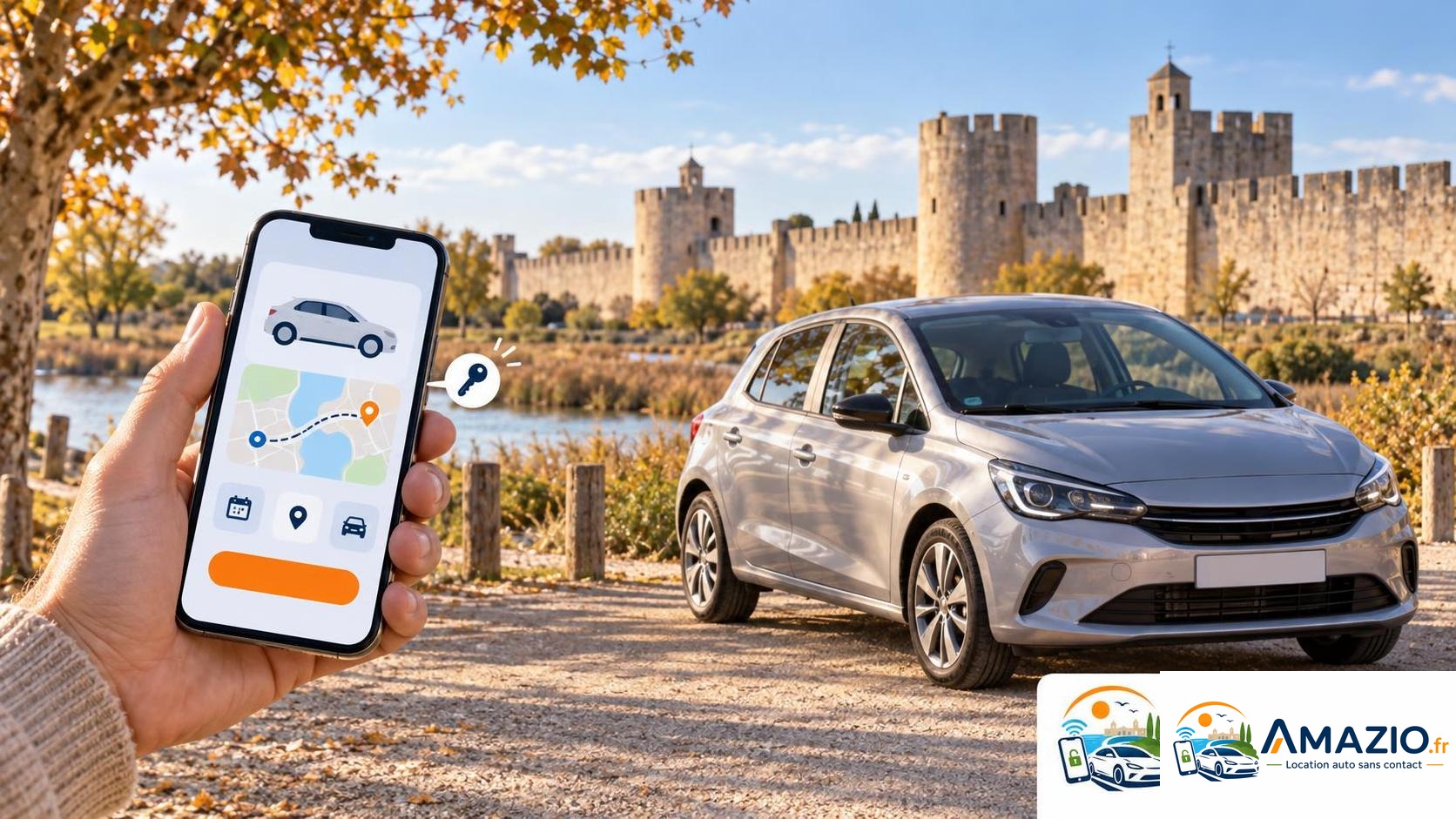 Excursion de Montpellier à Aigues-Mortes : smartphone, voiture et remparts avec logo Amazio