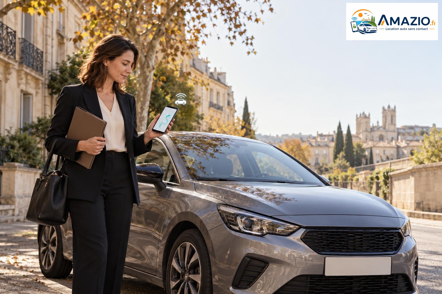 Personne préparant un entretien d’embauche près de Montpellier, dossier en main près d’une voiture, smartphone et symbole de clé connectée, avec logo Amazio