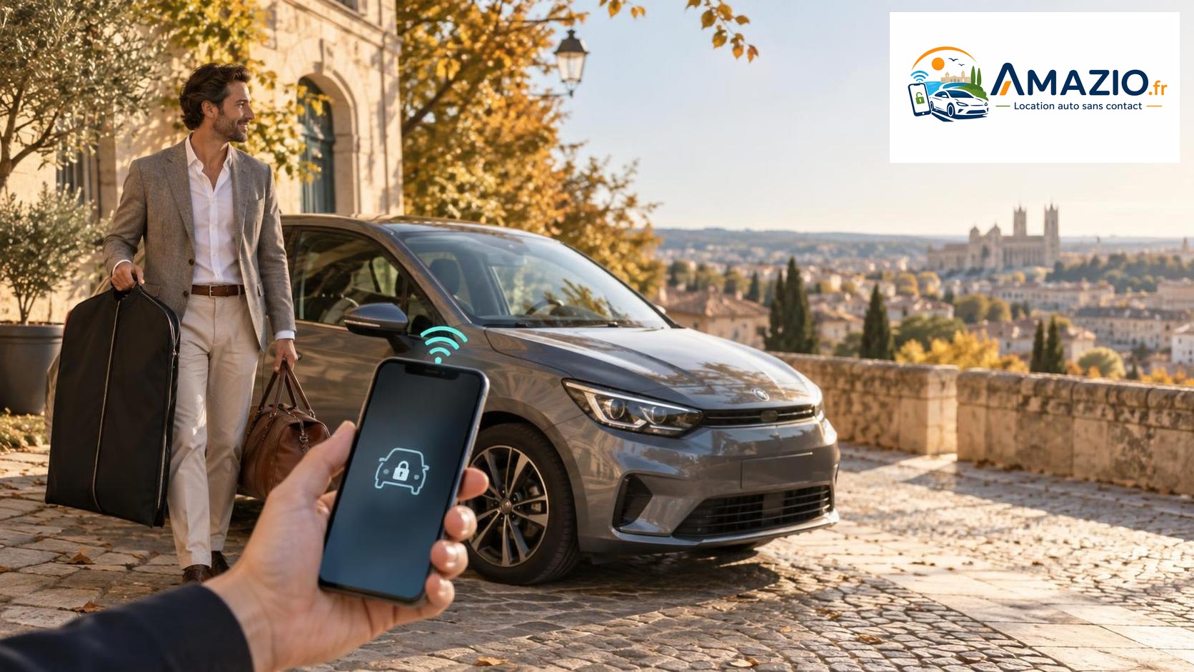 Invité à un mariage près de Montpellier avec voiture, sac de voyage, main tenant un smartphone, symbole de clé connectée et logo Amazio