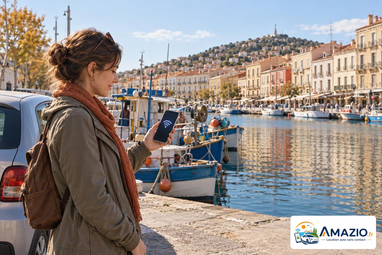 Voyageuse près d’une voiture à Sète, smartphone avec symbole de clé, canaux en arrière-plan et logo officiel Amazio