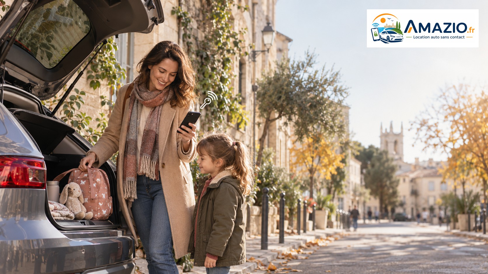 Parent avec enfant et sac de sortie près d’une voiture à Montpellier, smartphone en main, clé connectée et logo officiel Amazio